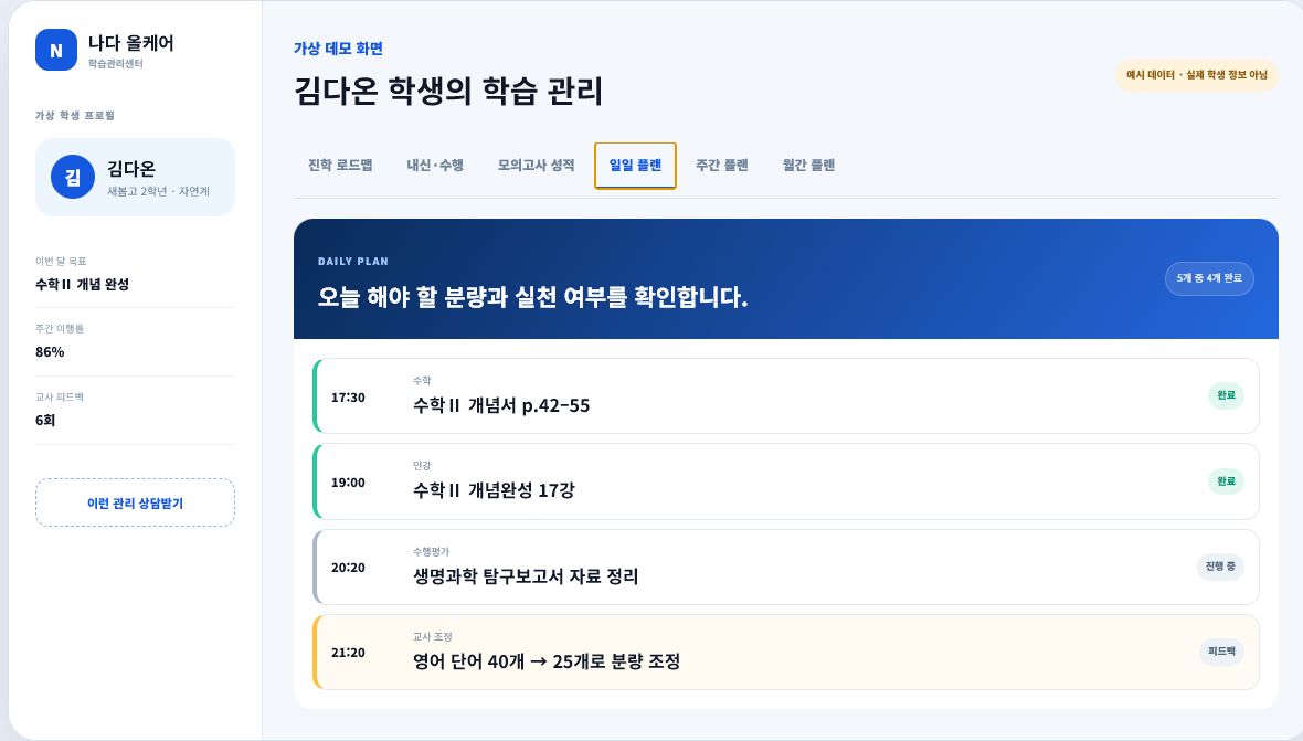 가상 학생의 일일 플랜 관리 화면